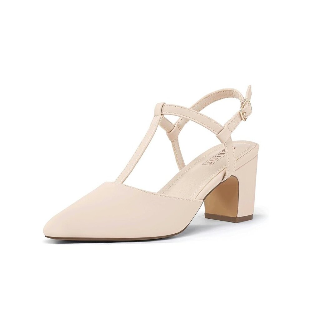 IDIFU IN3 Women's Pumps Slingback Closed Toe Heels Strappy Block Low T Strap Dre